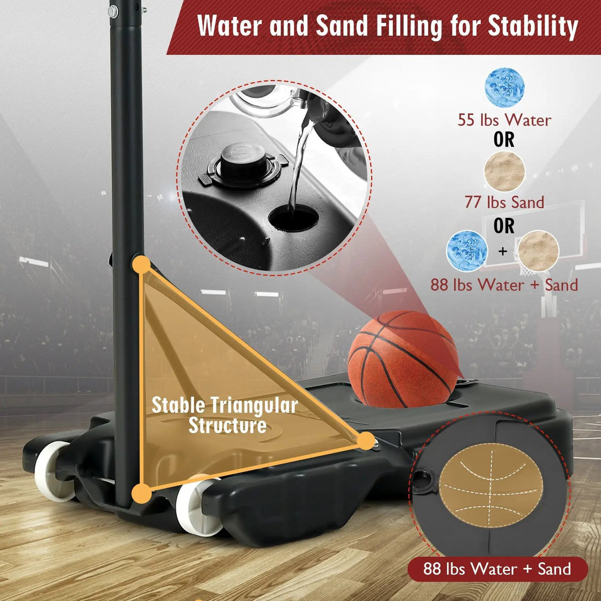 Portable basketball hoop with adjustable 4.3 to 8.2 ft height and stable triangular base on Tampa Home & Garden Store