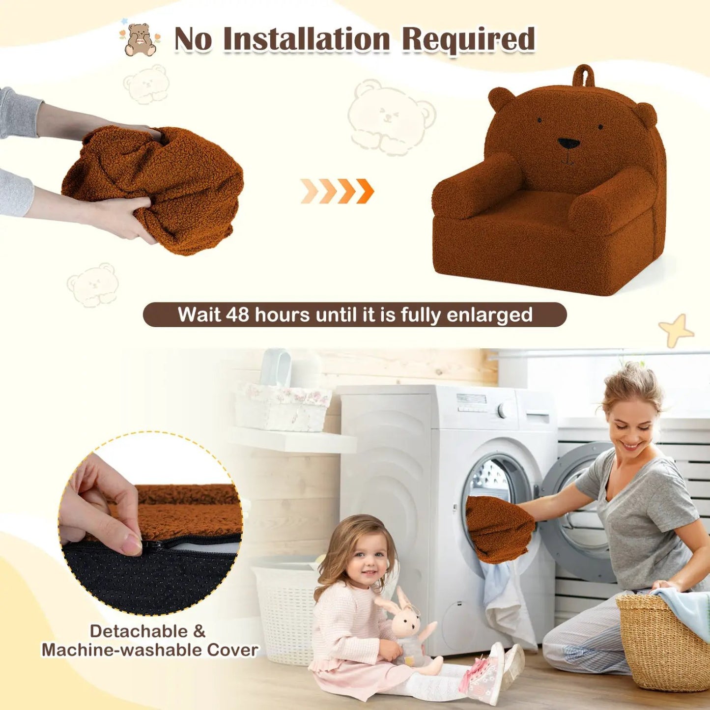 DirectDeals Kids Bear Sofa toddler foam couch with soft brown cover; detachable, machine-washable on Tampa Home & Garden Store