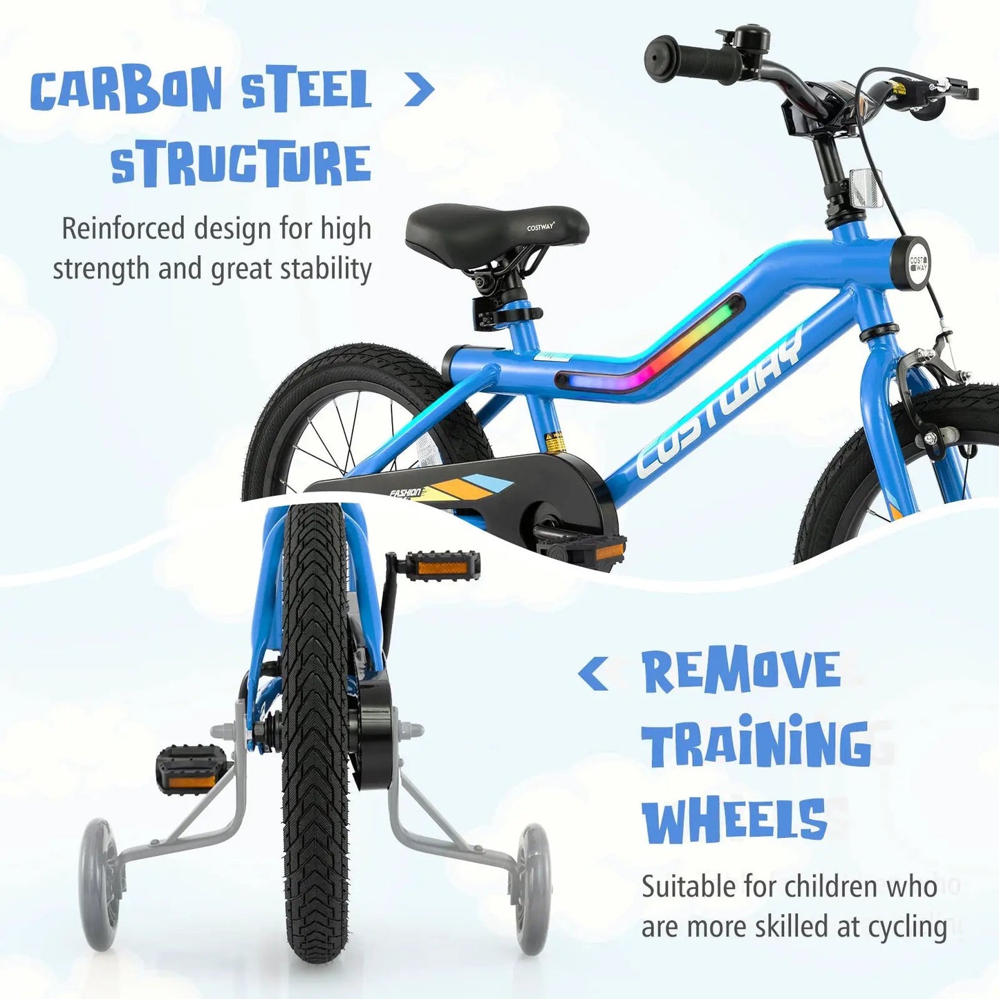 16 Inch Kids Bike LED Lighted Adjustable with Training Wheels for 4-7 Years Old Kids-16 inches - Tampa Home & Garden Store