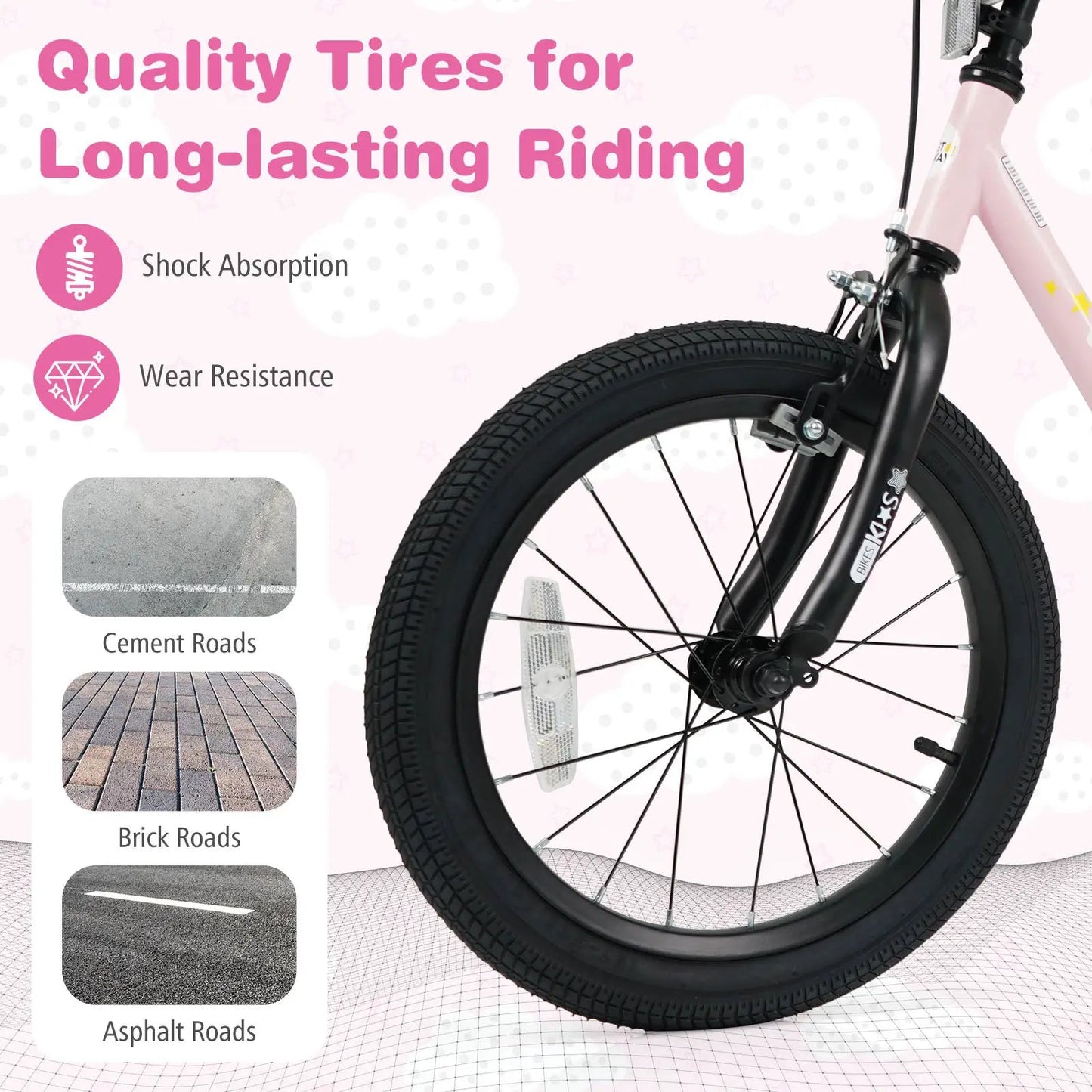 Kids bicycle 12/14/16 inch for ages 3-7, pink frame, front wheel with black tire and fork on Tampa Home & Garden Store