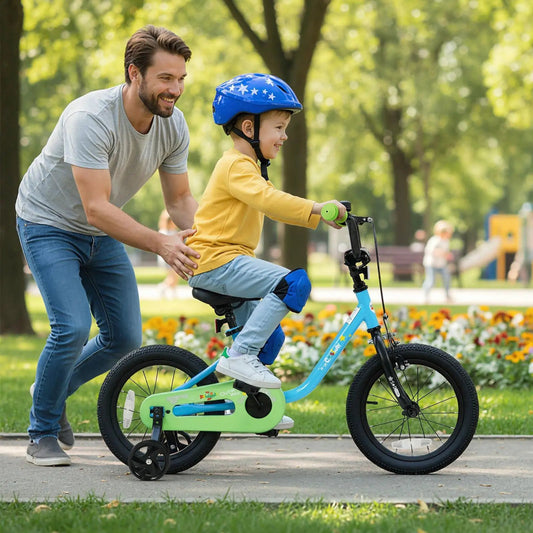 Kids Bike 12/14/16-Inch Blue with training wheels, child riding beside adult in park on Tampa Home & Garden Store