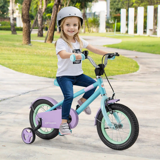 Kids bike with adjustable handlebar and saddle, turquoise frame, purple training wheels on Tampa Home & Garden Store