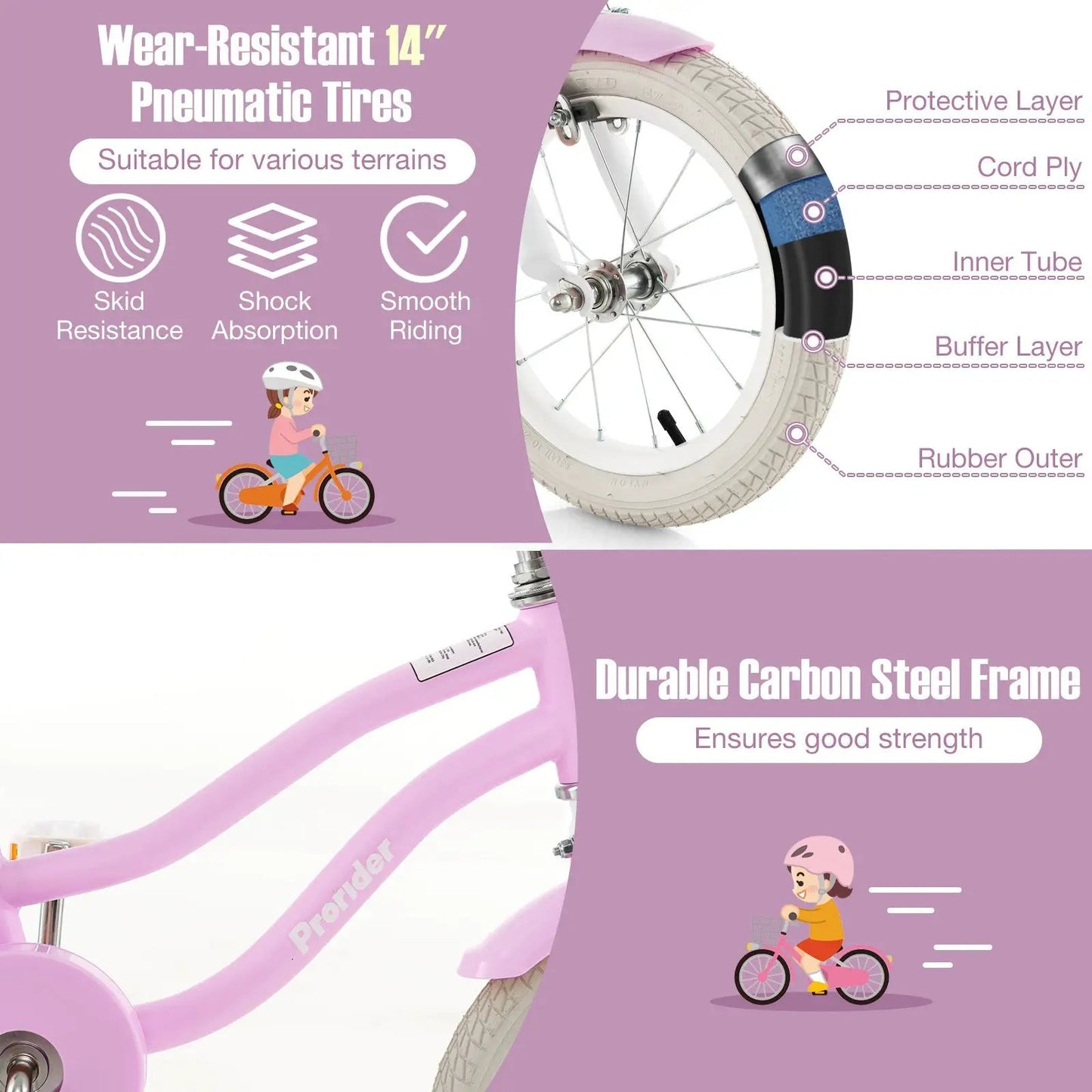 14 Inch Kid's Bike with Removable Training Wheels and Basket-Purple - Tampa Home & Garden Store