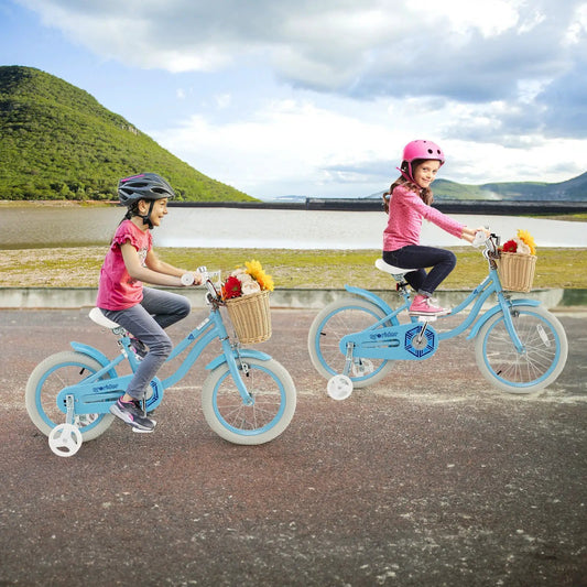 14 Inch Kids Bike with Training Wheels by DirectDeals, blue frame, two bikes with front baskets on Tampa Home & Garden Store