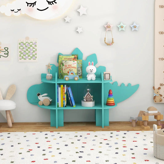Teal whale-shaped kids bookcase toy storage organizer with open shelves and books on Tampa Home & Garden Store