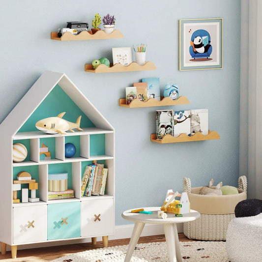 16 Inch Kids Bookshelves Set of 4 natural wood floating wave-edge shelves for nursery storage on Tampa Home & Garden Store