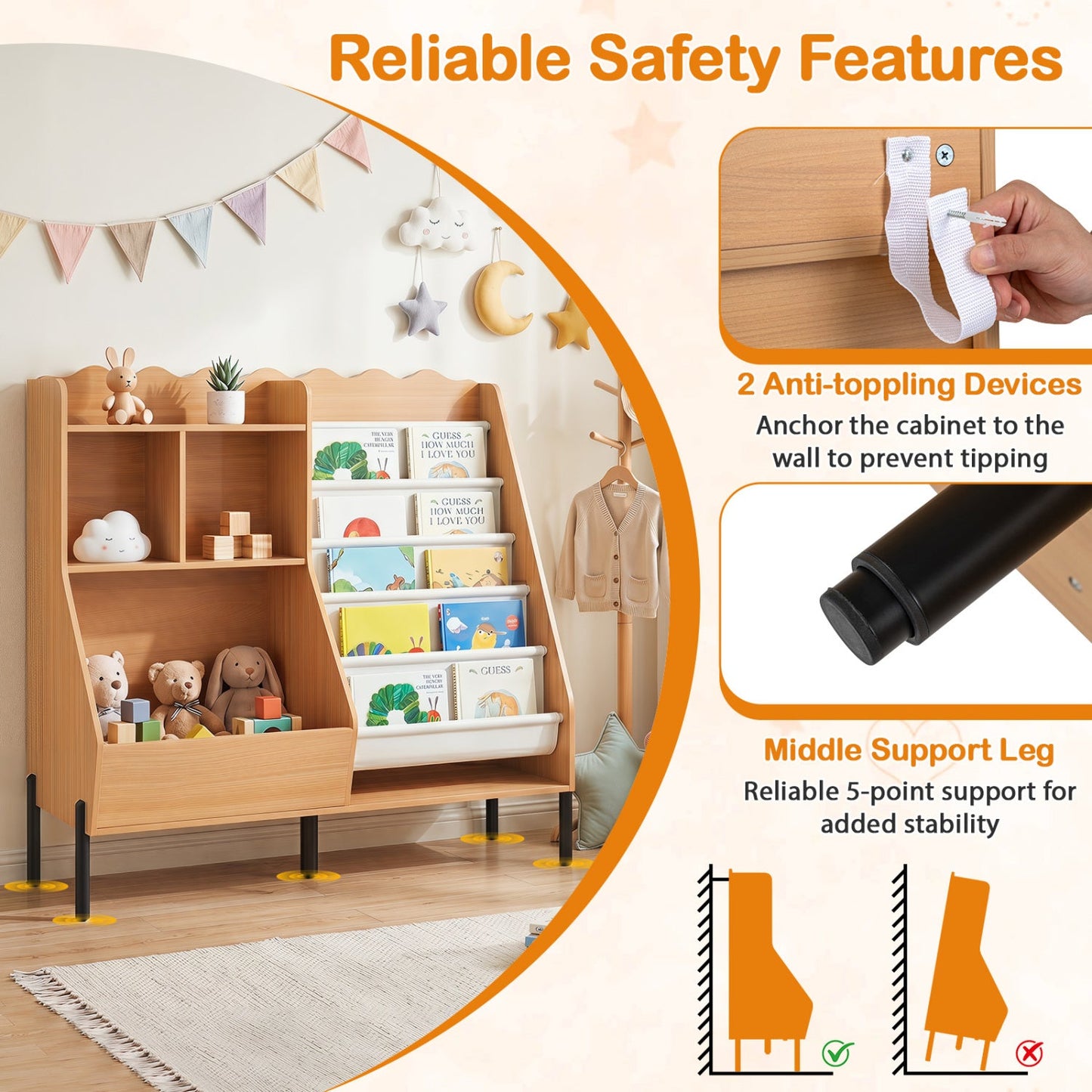 Kids Bookshelf and Toy Storage Organizer with 5 Fabric Pockets natural wood DirectDeals on Tampa Home & Garden Store
