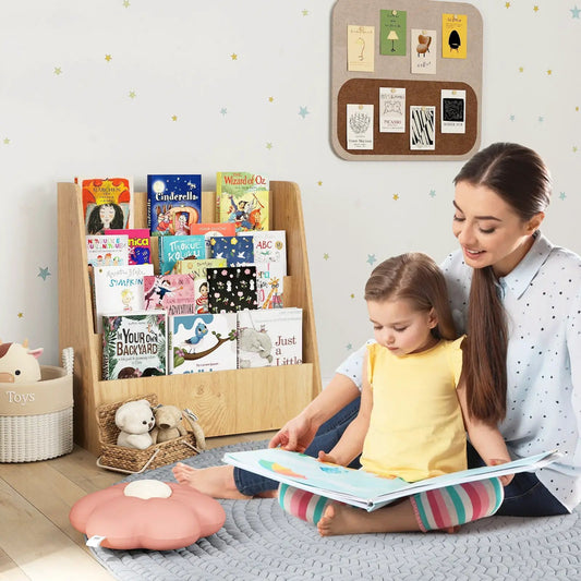 4-Tier Kids Bookshelf with Deep Compartments in natural wood, holding colorful books on Tampa Home & Garden Store