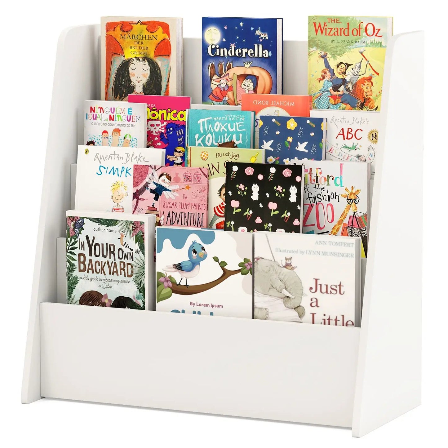 4 Tier Kids Bookshelf with Deep Compartments white finish by DirectDeals holding colorful children's books on Tampa Home & Garden Store