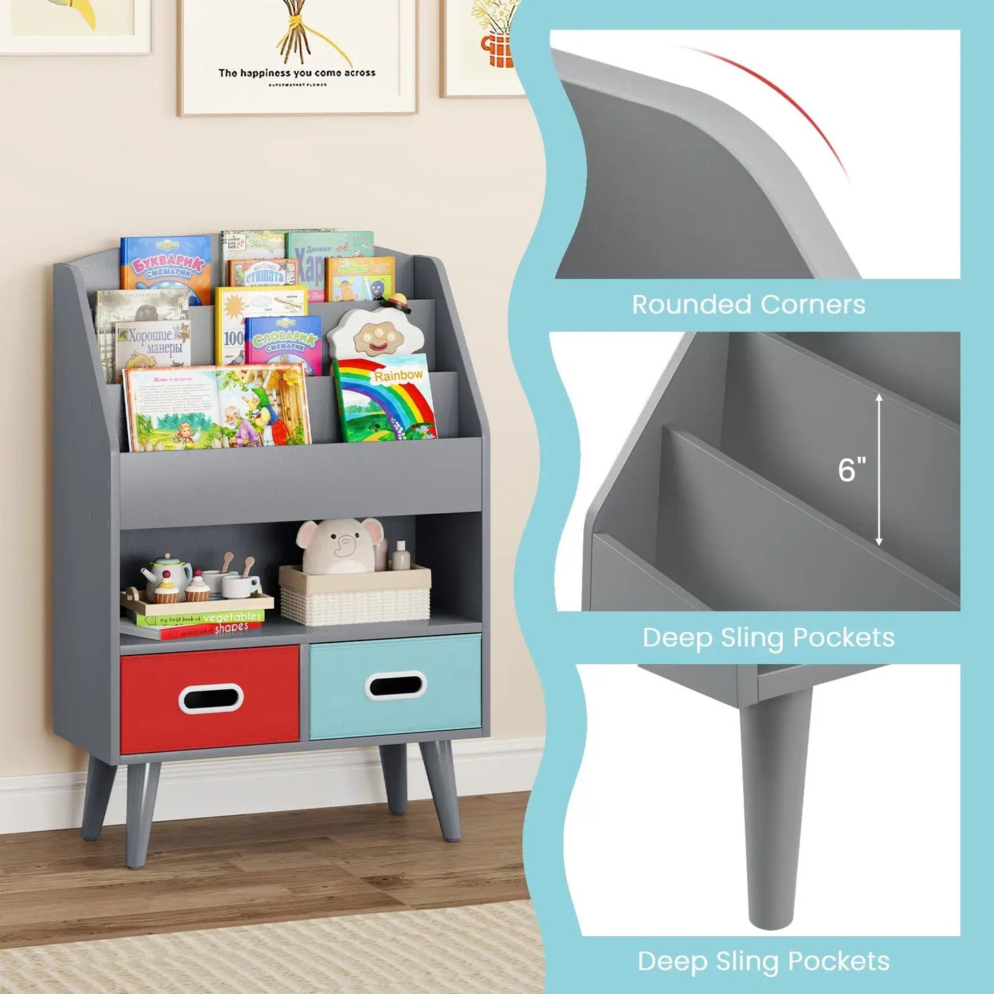 DirectDeals Kids Bookshelf with Open Compartments, gray with red and blue drawers on Tampa Home & Garden Store