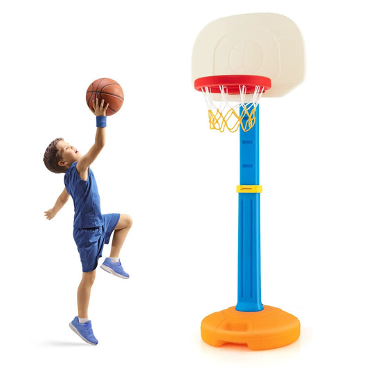Kids adjustable basketball hoop stand with blue pole and orange base on Tampa Home & Garden Store
