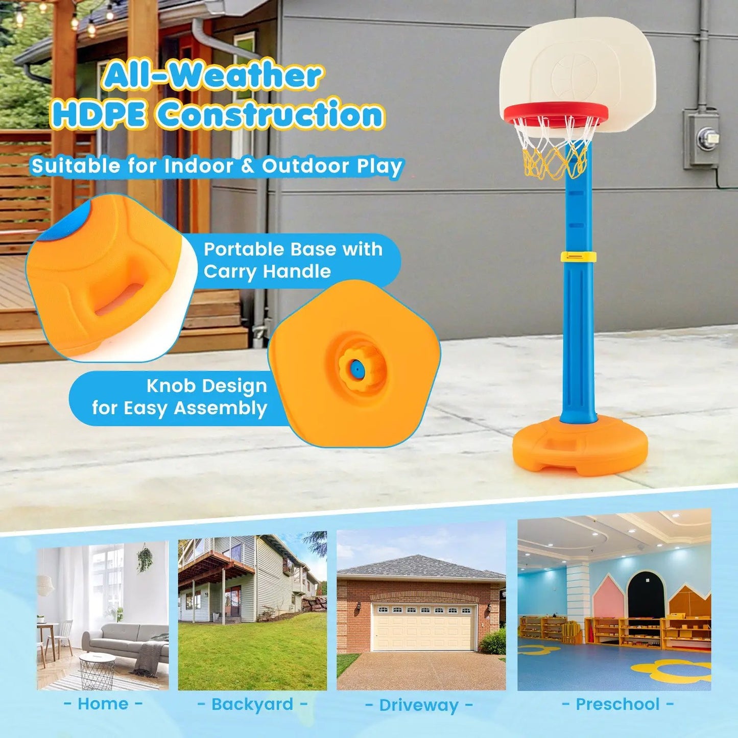 Kids adjustable basketball hoop stand with blue post and orange base, carry handle on Tampa Home & Garden Store