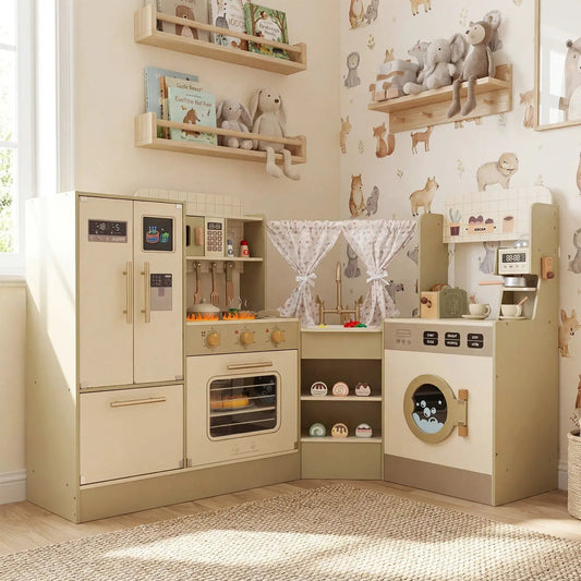 Kids Corner Play Kitchen by DirectDeals cream toy kitchen with fridge stove sink on Tampa Home & Garden Store