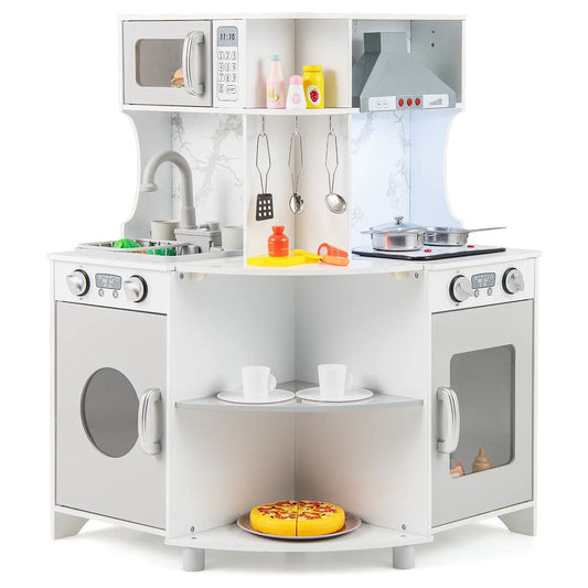 Kids Corner Wooden Play Kitchen with Range Hood gray microwave and utensils on Tampa Home & Garden Store
