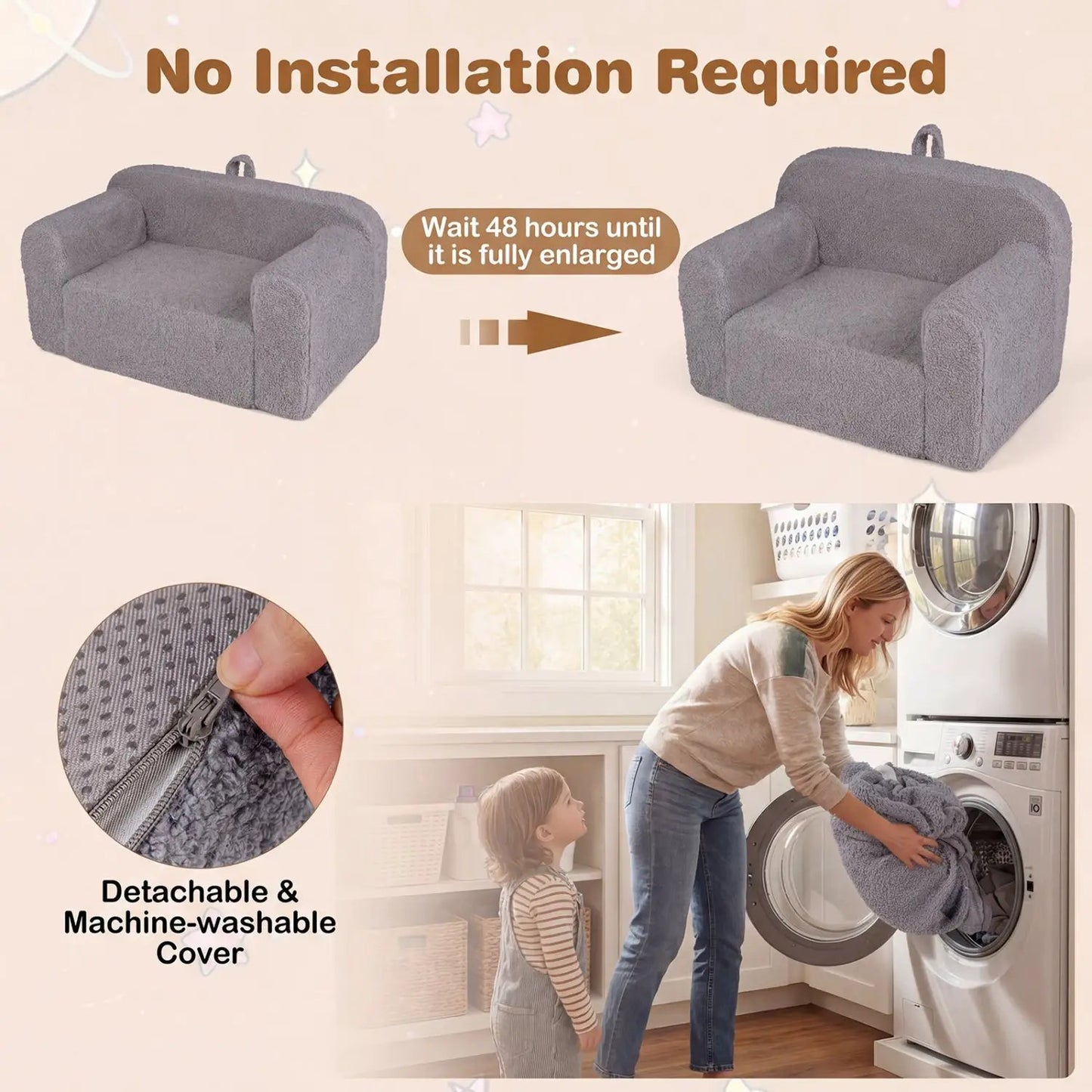 Kids Couch Toddler Sofa with anti-slip gray fabric and detachable, machine-washable cover; pair on Tampa Home & Garden Store