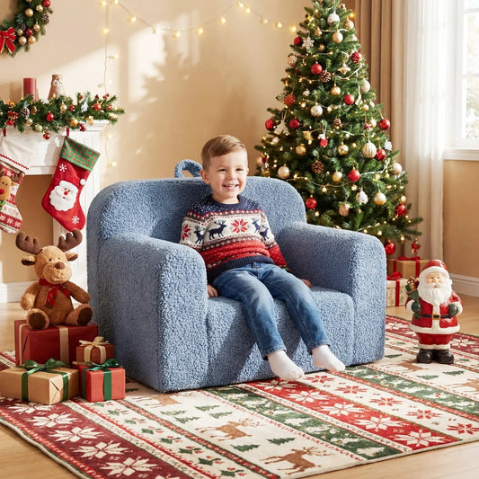 Kids Couch Toddler Sofa with Anti Slip Base blue plush fabric in festive room with a Christmas tree on Tampa Home & Garden Store