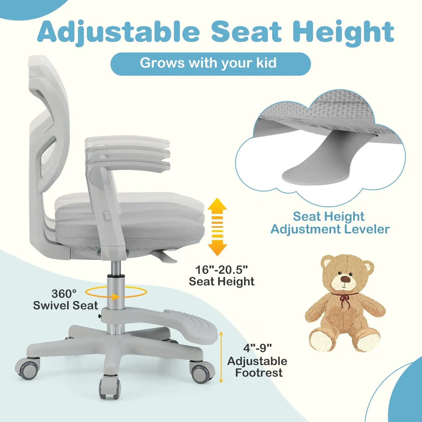 Kids Desk Chair with Adjustable Height Footrest in gray by DirectDeals 360° swivel on Tampa Home & Garden Store