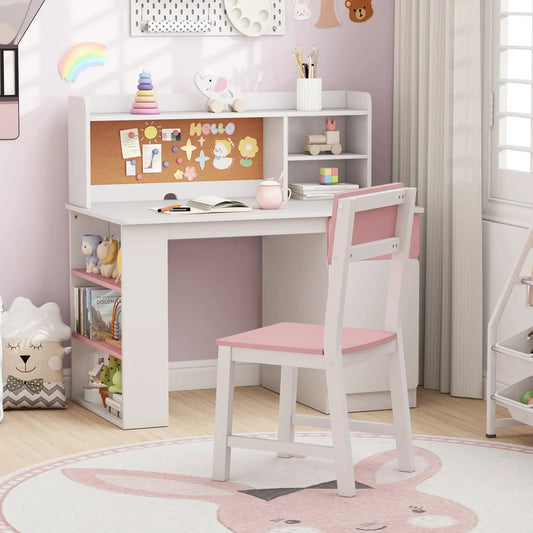 Kids desk and chair set with hutch and shelf, white with pink accents and cork board in pastel on Tampa Home & Garden Store