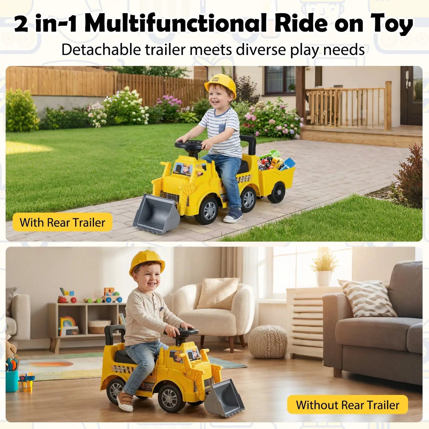 Kids Digger Ride-On Truck with Shovel, yellow plastic vehicle with front loader and rear trailer on Tampa Home & Garden Store