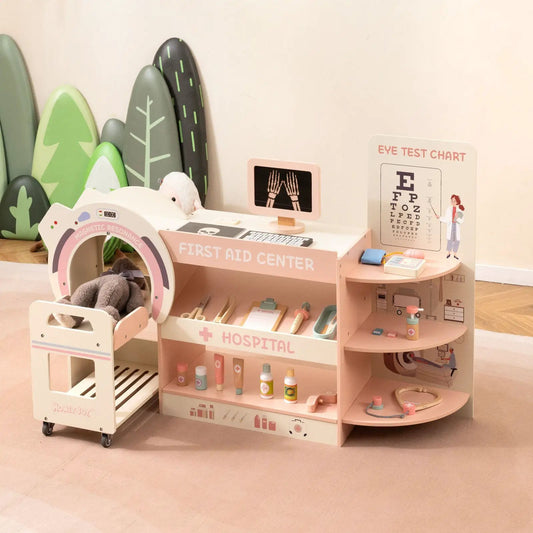 Kids Doctor Play Set wooden kit with pink hospital desk and eye chart on Tampa Home & Garden Store