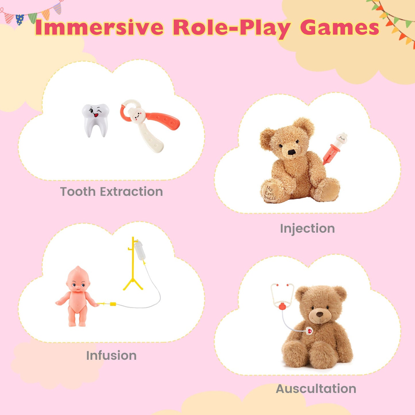 Kids Doctor Play Set with Adjustable Height Bar toy tooth, dental tools, bear with syringe on Tampa Home & Garden Store