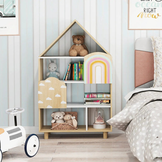 Kids Dollhouse Bookshelf wooden bookcase with plush bear, bunny and pastel rainbow panel on Tampa Home & Garden Store