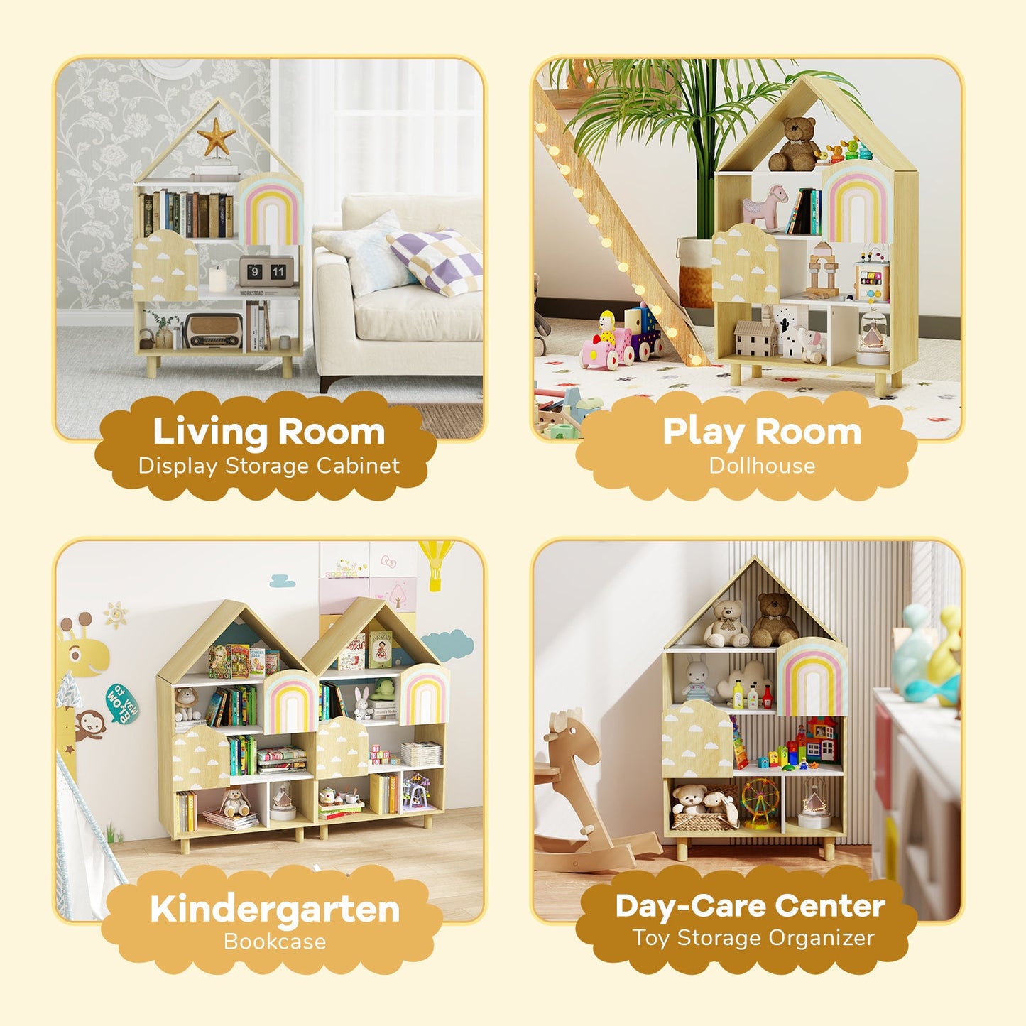 Kids dollhouse bookshelf house-shaped bookcase in natural wood with rainbow arches on Tampa Home & Garden Store
