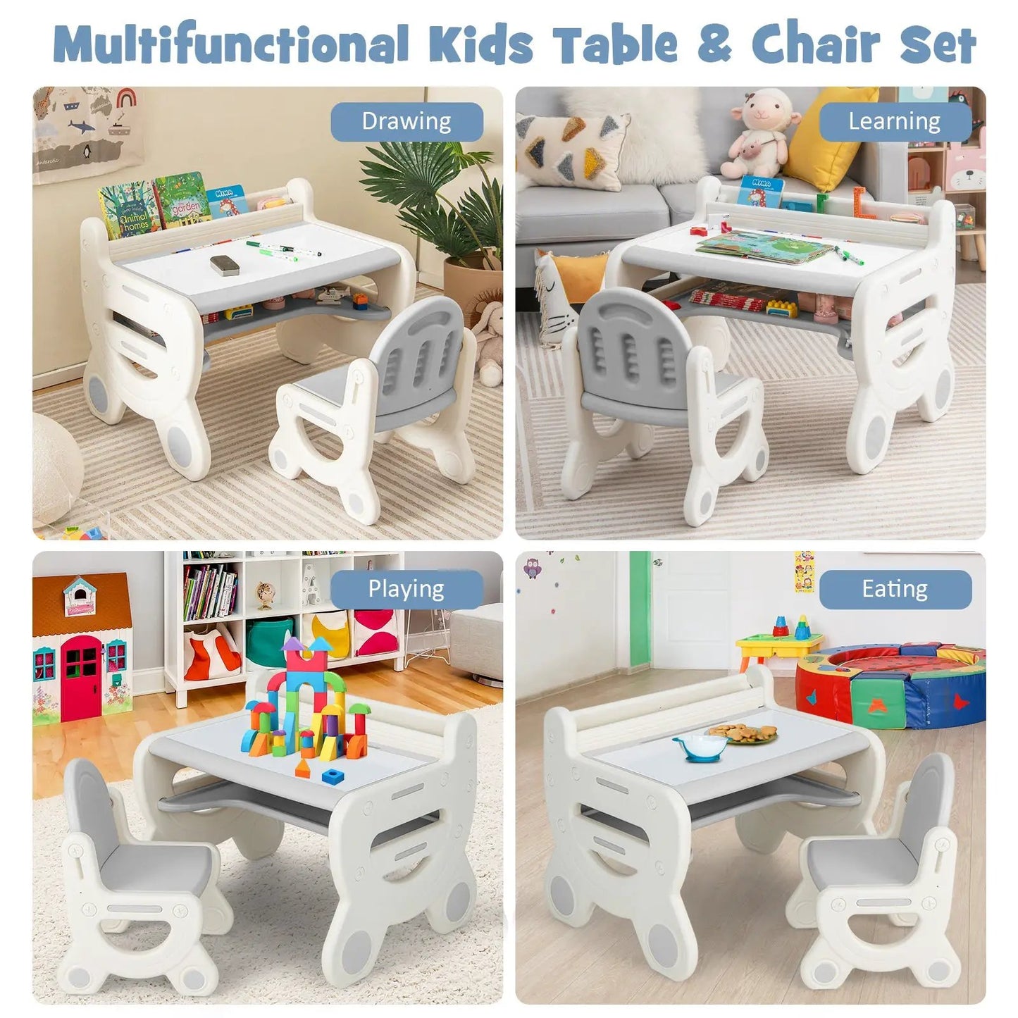 Multifunctional Kids Table & Chair Set in white and gray plastic with shelf and pens on Tampa Home & Garden Store