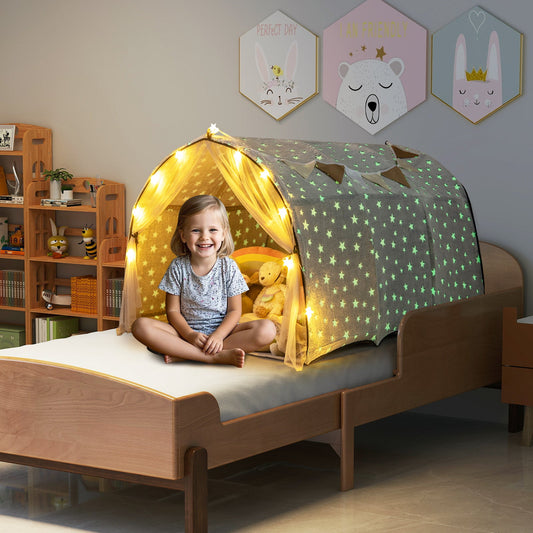 Kids Dream Bed Tent Twin Bunk Bed with Glow in the Dark Stars and Lights-Gray - Tampa Home & Garden Store