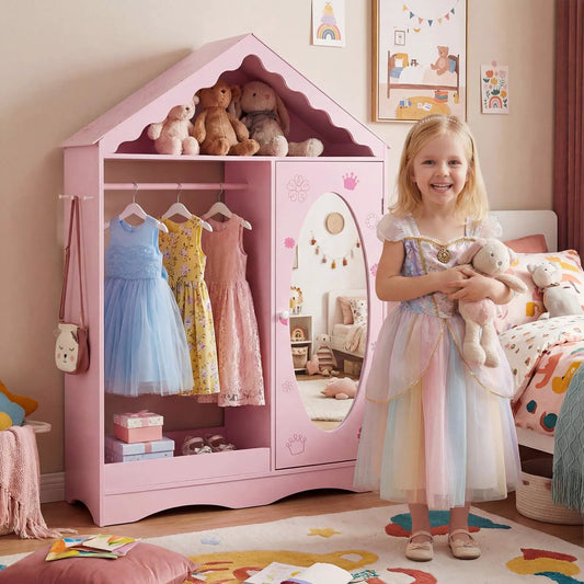 Kids Dress Up Storage with Mirror Roofed Wardrobe pink finish with hanging rod on Tampa Home & Garden Store