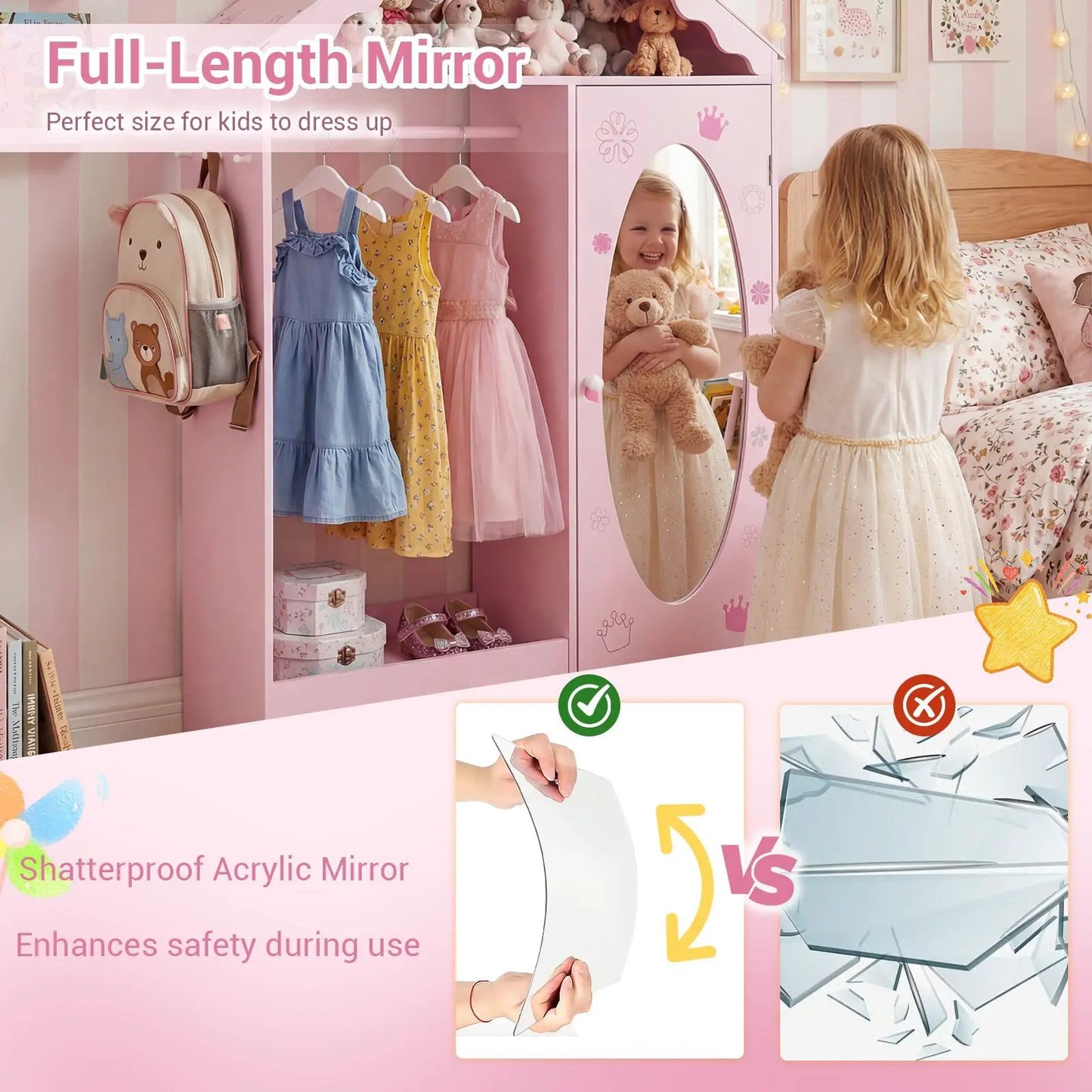 Kids dress up storage wardrobe with pink full-length mirror and hanging rack DirectDeals on Tampa Home & Garden Store