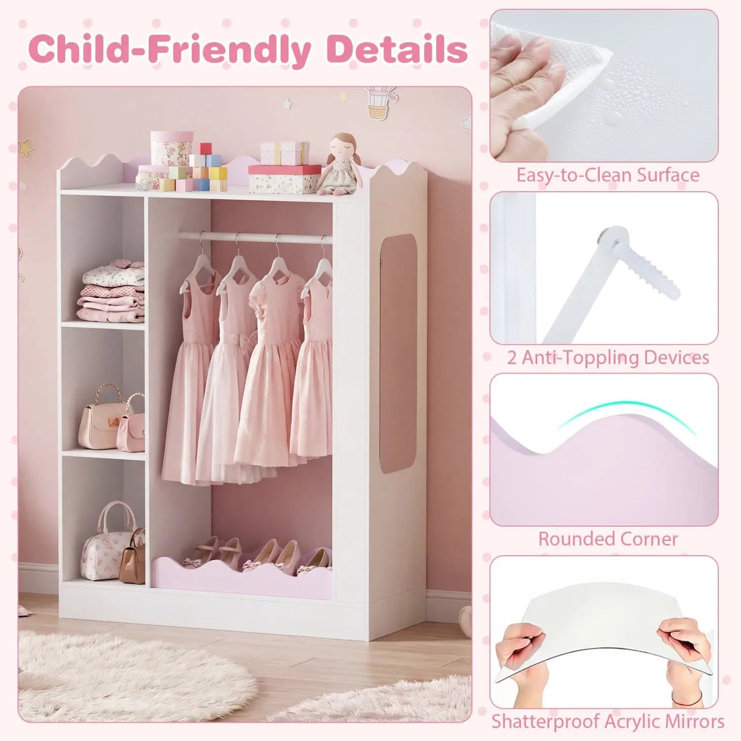 Kids Dress Up Storage With Mirror and Rack Pink