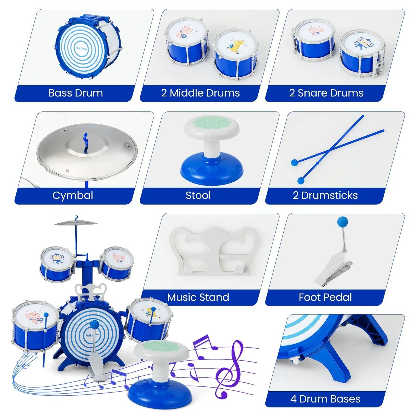 Kids Blue Drum Set with bass, 2 middle, 2 snare drums, cymbal, stool DirectDeals on Tampa Home & Garden Store