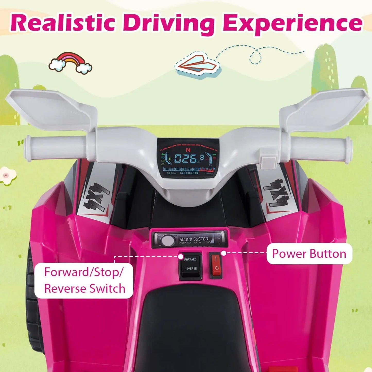 6V kids electric ATV pink ride-on with white handlebars and digital dashboard on Tampa Home & Garden Store