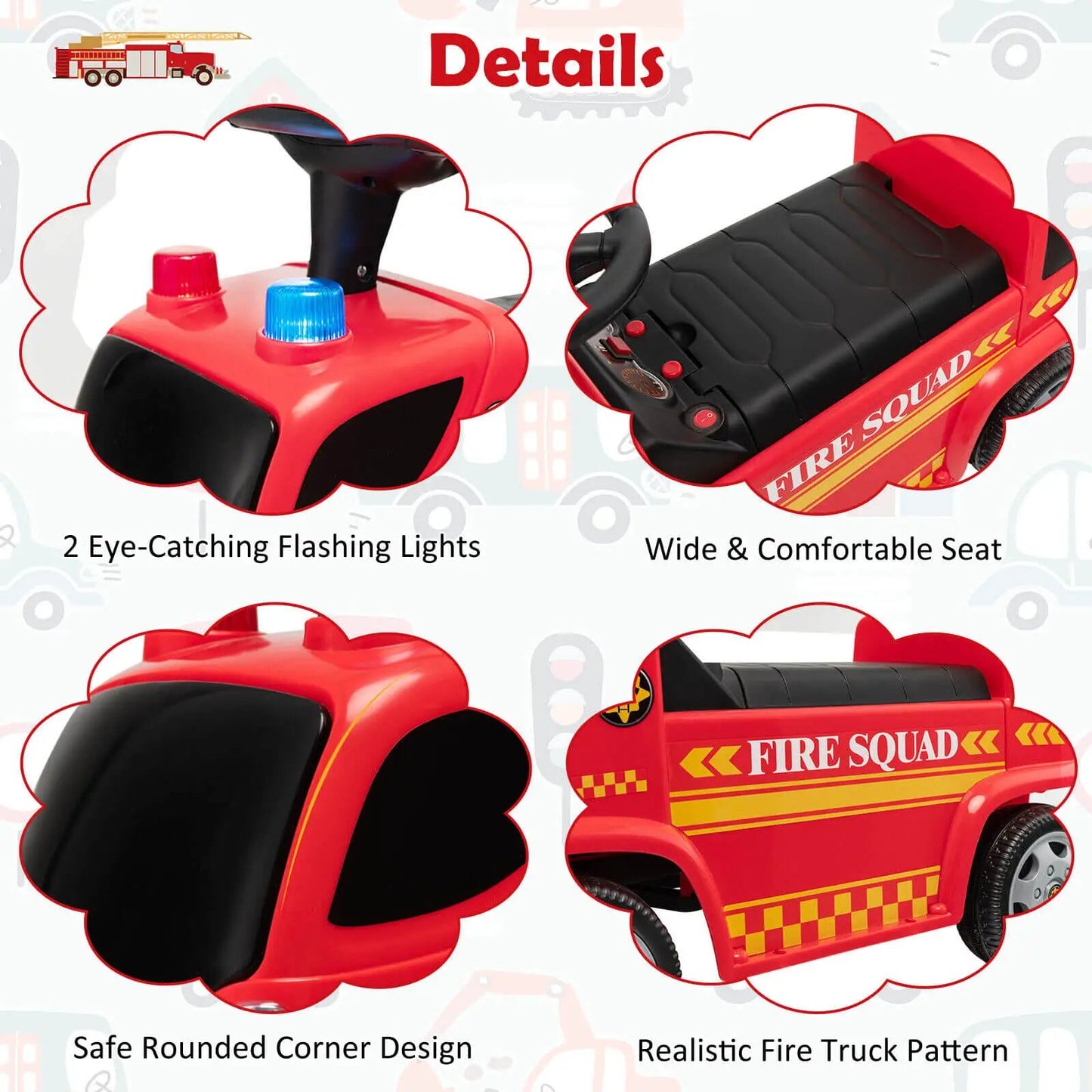 Kids Push Ride On Fire Truck with Ladder Bubble Maker and Headlights-Red - Tampa Home & Garden Store