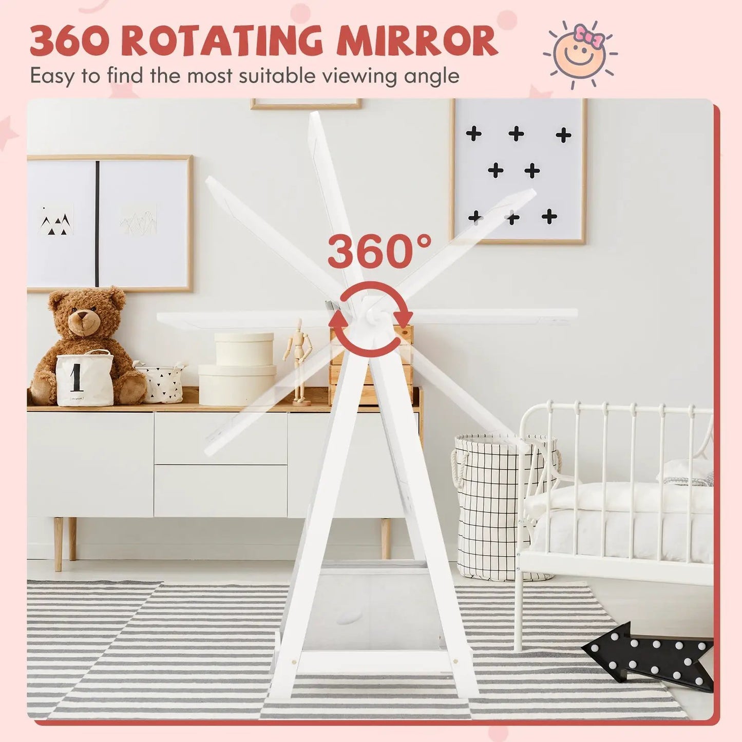 Kids 360 Degree Rotatable Mirror on white stand with built-in storage for a child's room on Tampa Home & Garden Store