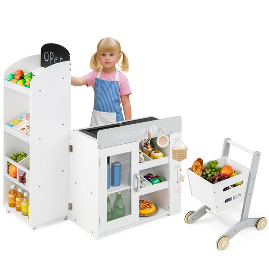 Kids Grocery Store Playset Convertible Wooden Play Store with Shopping Cart-White - Tampa Home & Garden Store