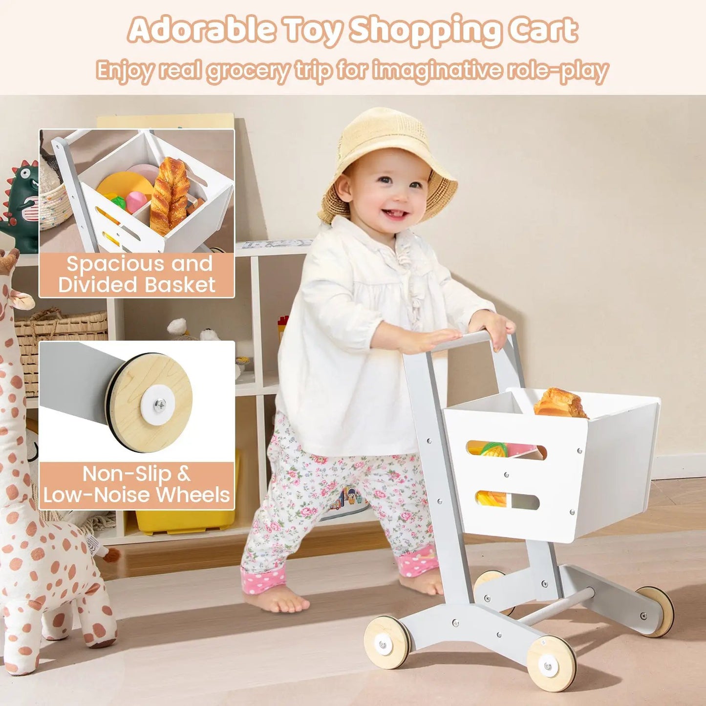 Kids Grocery Store Playset with White Cart, spacious divided basket and wooden wheels on Tampa Home & Garden Store
