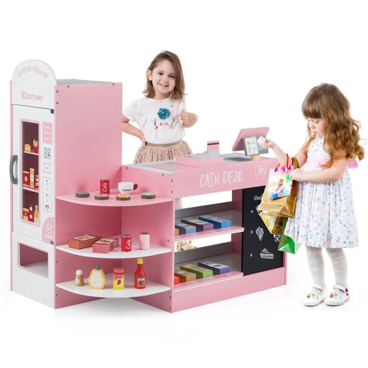 Kids grocery store playset with pink cash register and POS, Costway; 2 kids playing on Tampa Home & Garden Store