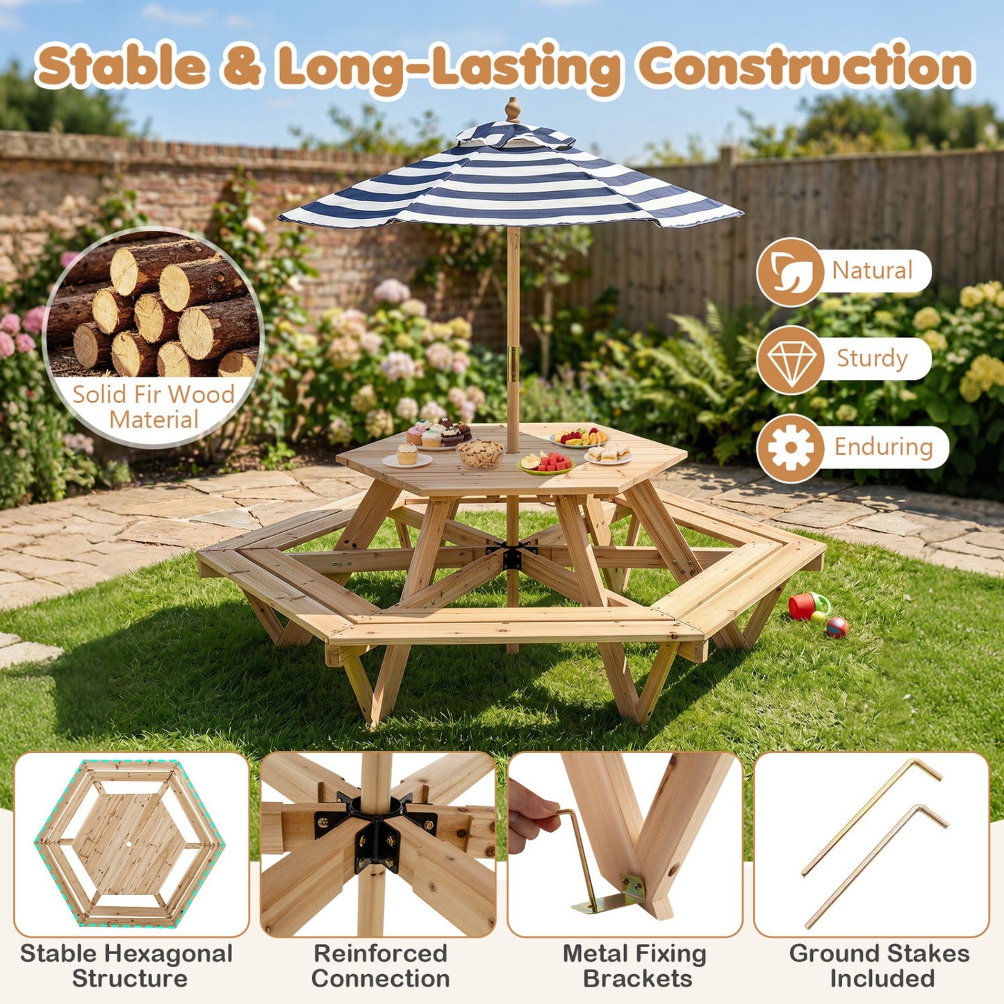 Kids hexagonal picnic table with umbrella and 6 benches in solid fir wood by DirectDeals on Tampa Home & Garden Store