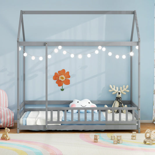 Twin Size Kids House Bed Wooden Floor Bed with Roof and Full-length Safety Guardrail - Tampa Home & Garden Store