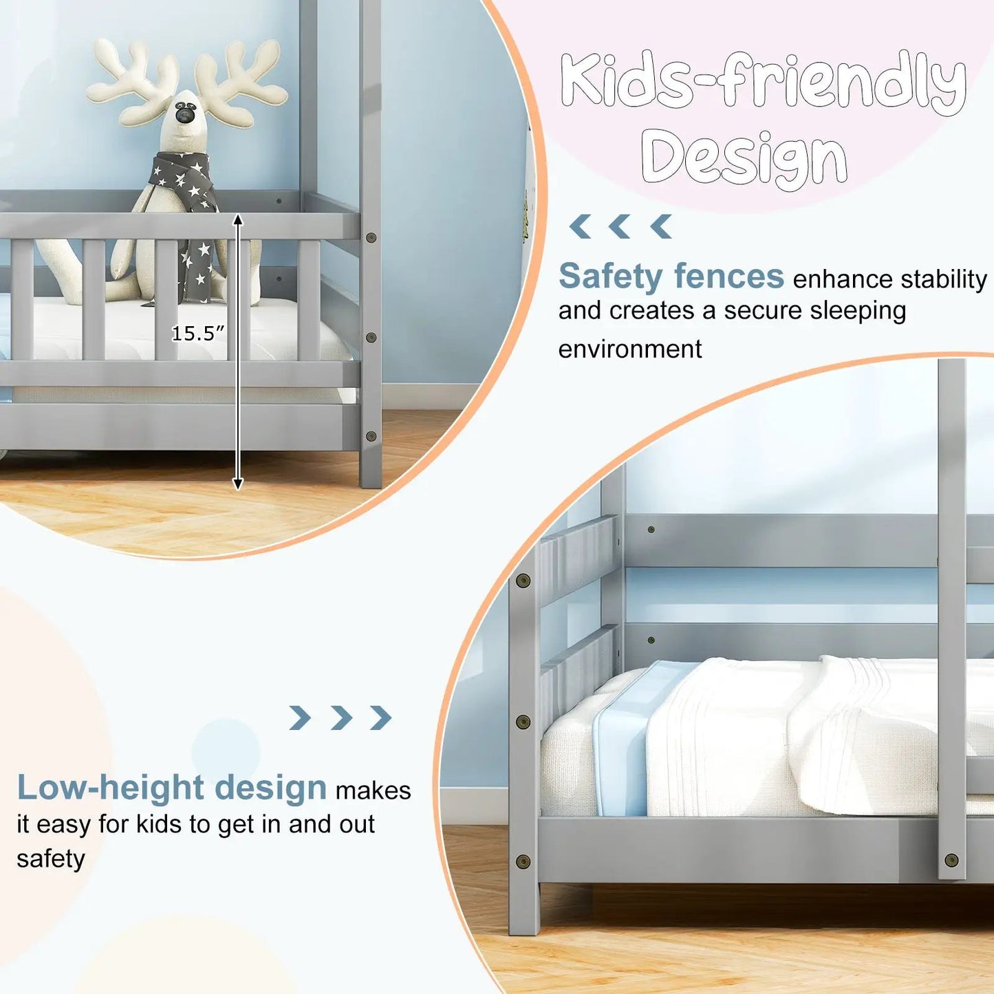 DirectDeals Twin size kids house bed with roof and guardrail in gray on Tampa Home & Garden Store