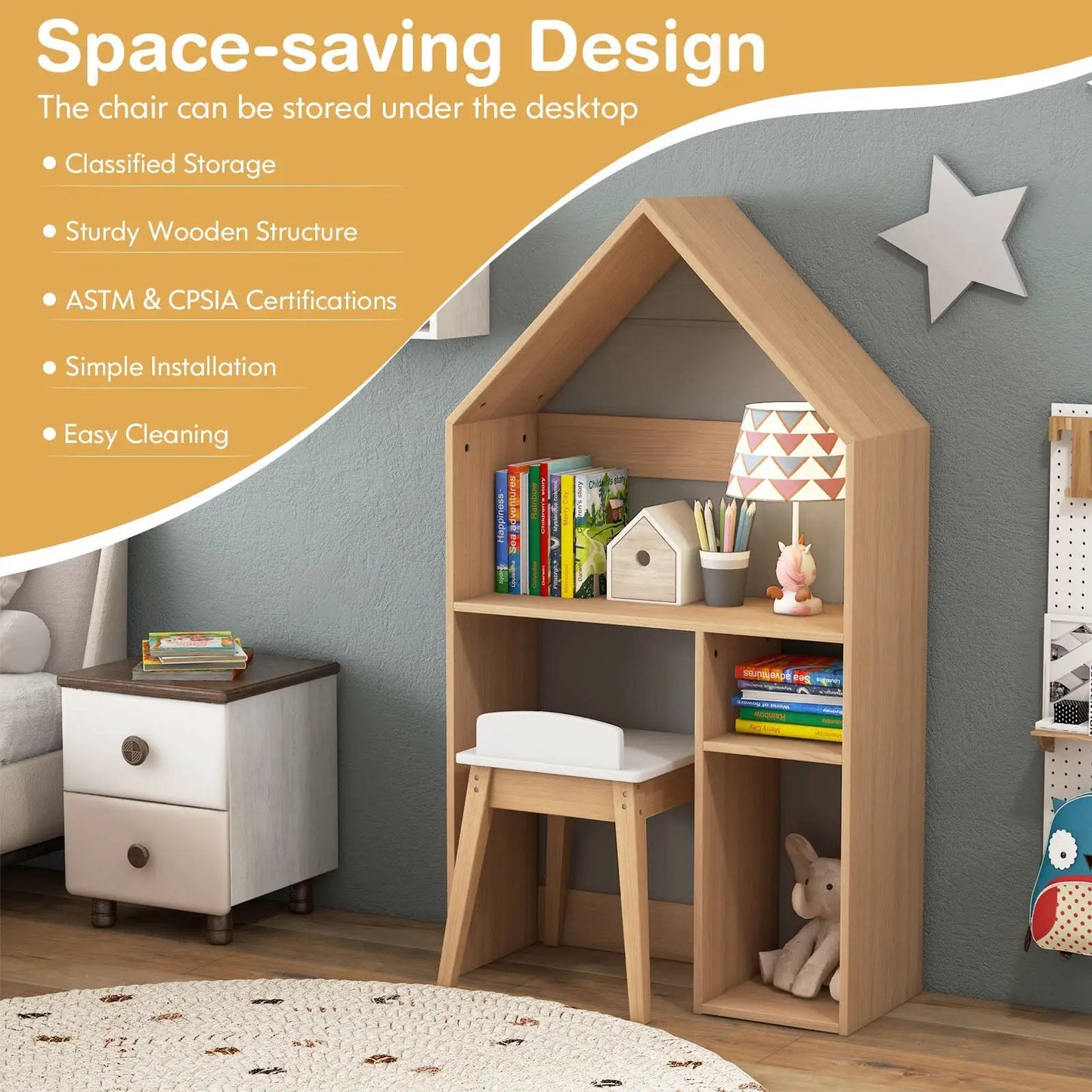 2-in-1 kids house-shaped table and chair set wooden frame on Tampa Home & Garden Store
