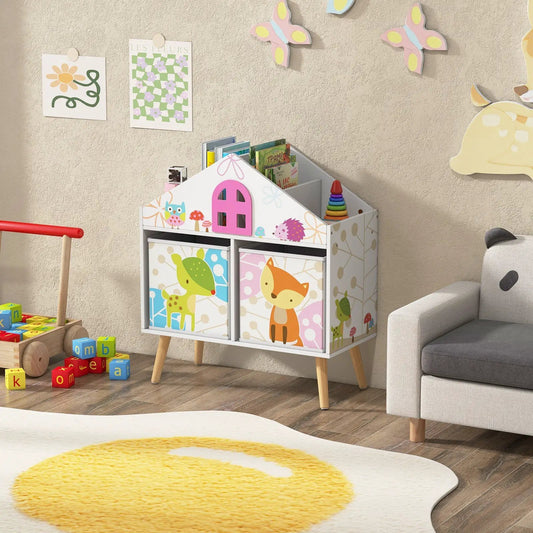 Kids House Shaped Bookshelf with 2 Storage Bins, white unit with colorful animal illustrations on Tampa Home & Garden Store