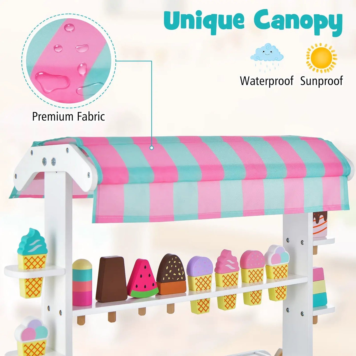 Kids ice cream cart playset with striped pink teal canopy and display rack by DirectDeals on Tampa Home & Garden Store