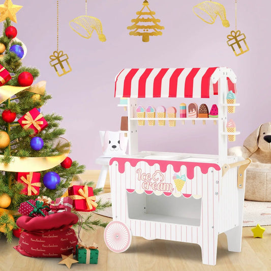 Ice Cream Cart Playset DirectDeals with Display Rack, white frame, red striped canopy on Tampa Home & Garden Store