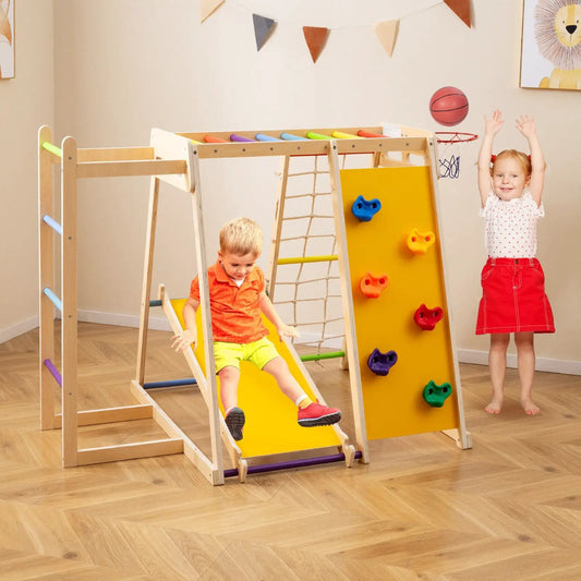 Kids Indoor 6-in-1 Jungle Gym Playground wooden frame with colorful climbing holds and slide on Tampa Home & Garden Store