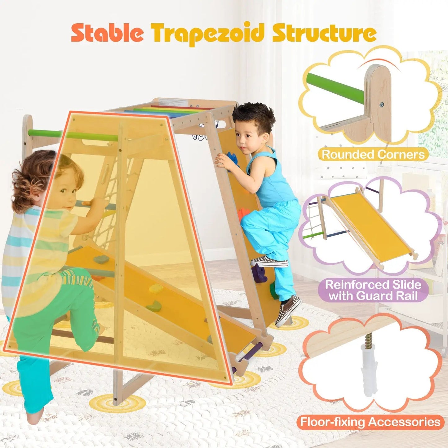 Kids Indoor 6-in-1 Jungle Gym wooden frame with green bars for climbing and sliding on Tampa Home & Garden Store
