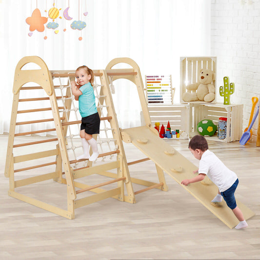 6-in-1 Wooden Kids Jungle Gym Playset with Slide Climbing Net-Natural - Tampa Home & Garden Store
