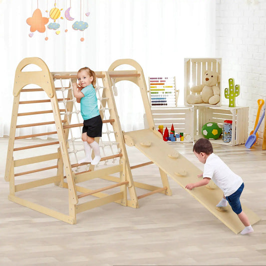 6-in-1 wooden jungle gym playset with rope net and slide, natural wood finish on Tampa Home & Garden Store